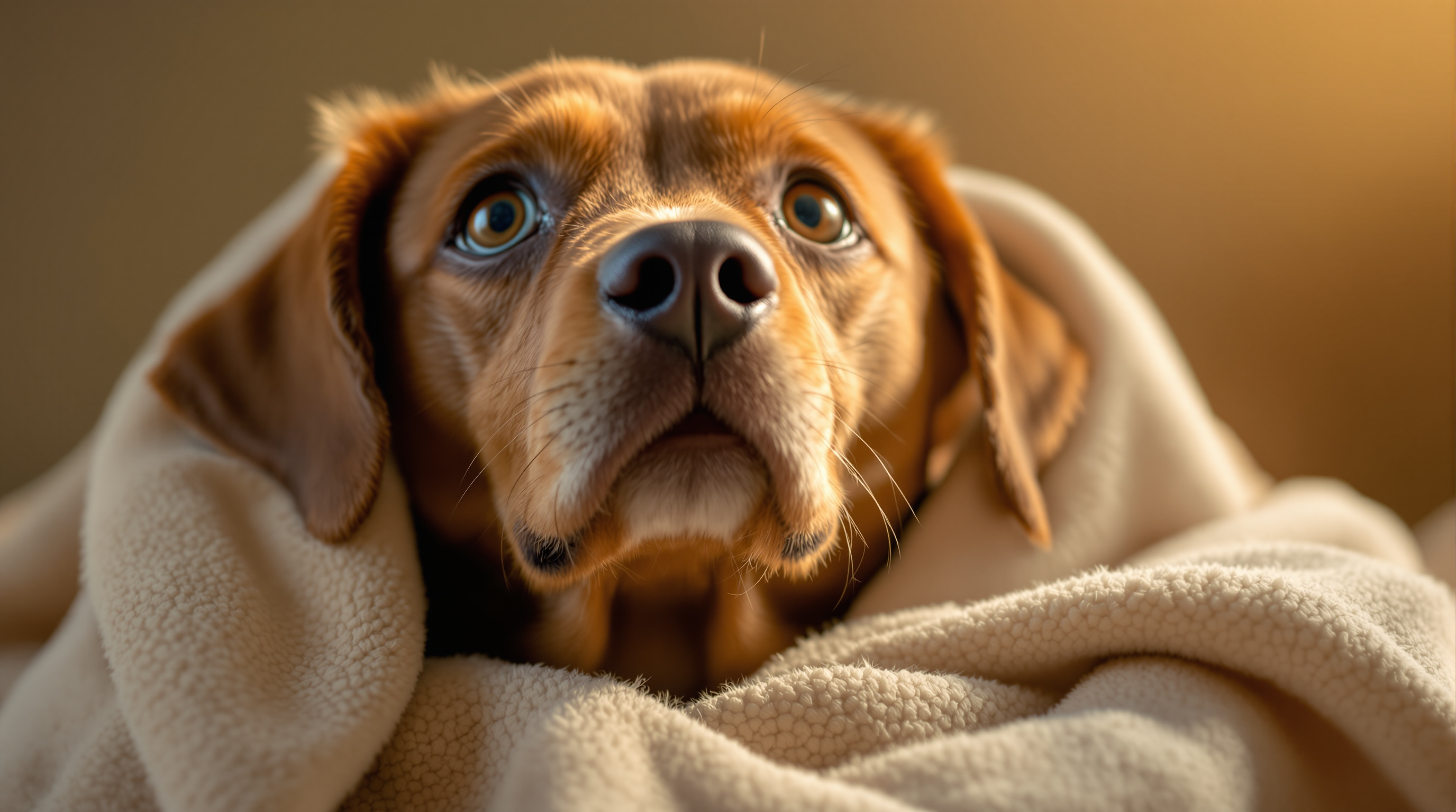 A rescued dog looking up hopefully