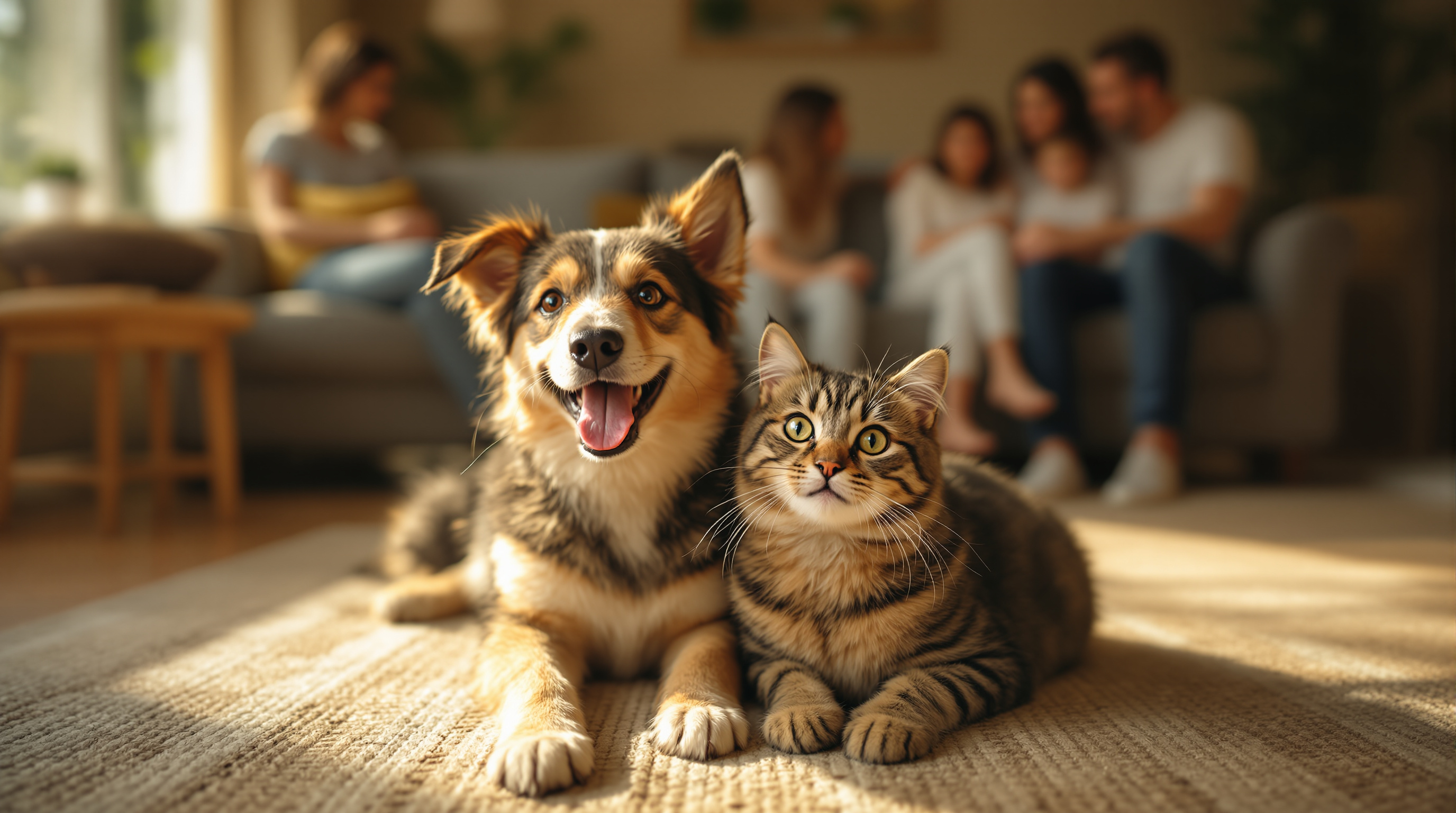 An adopted dog and cat resting together in a warm home