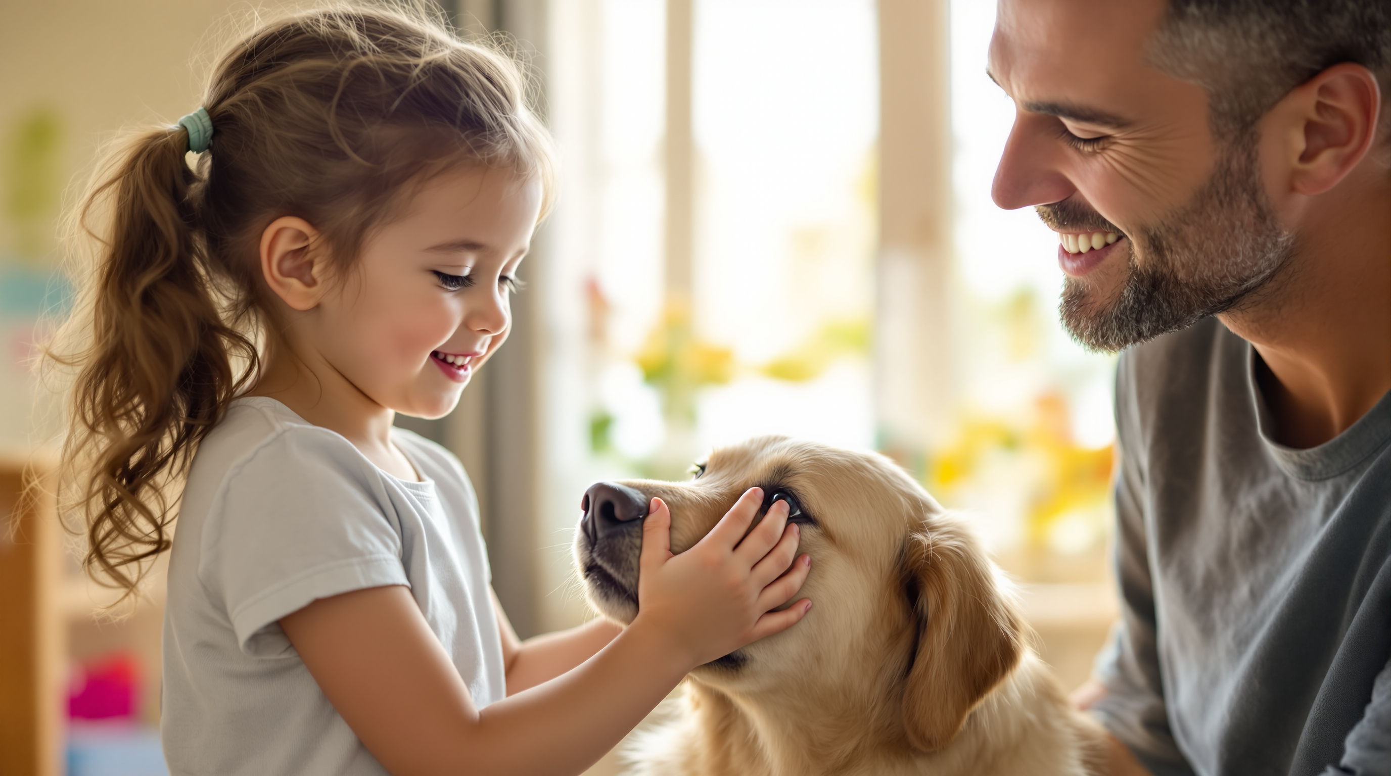 A child learning to gently pet a calm dog