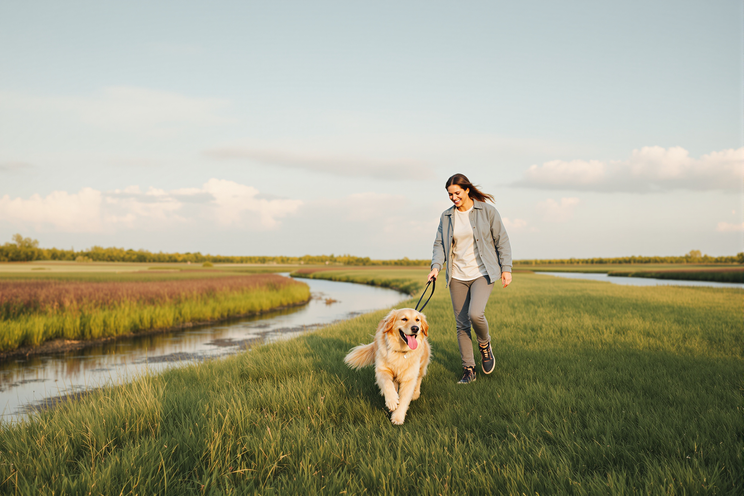 A dog and owner enjoying a prairie park on a sunny day