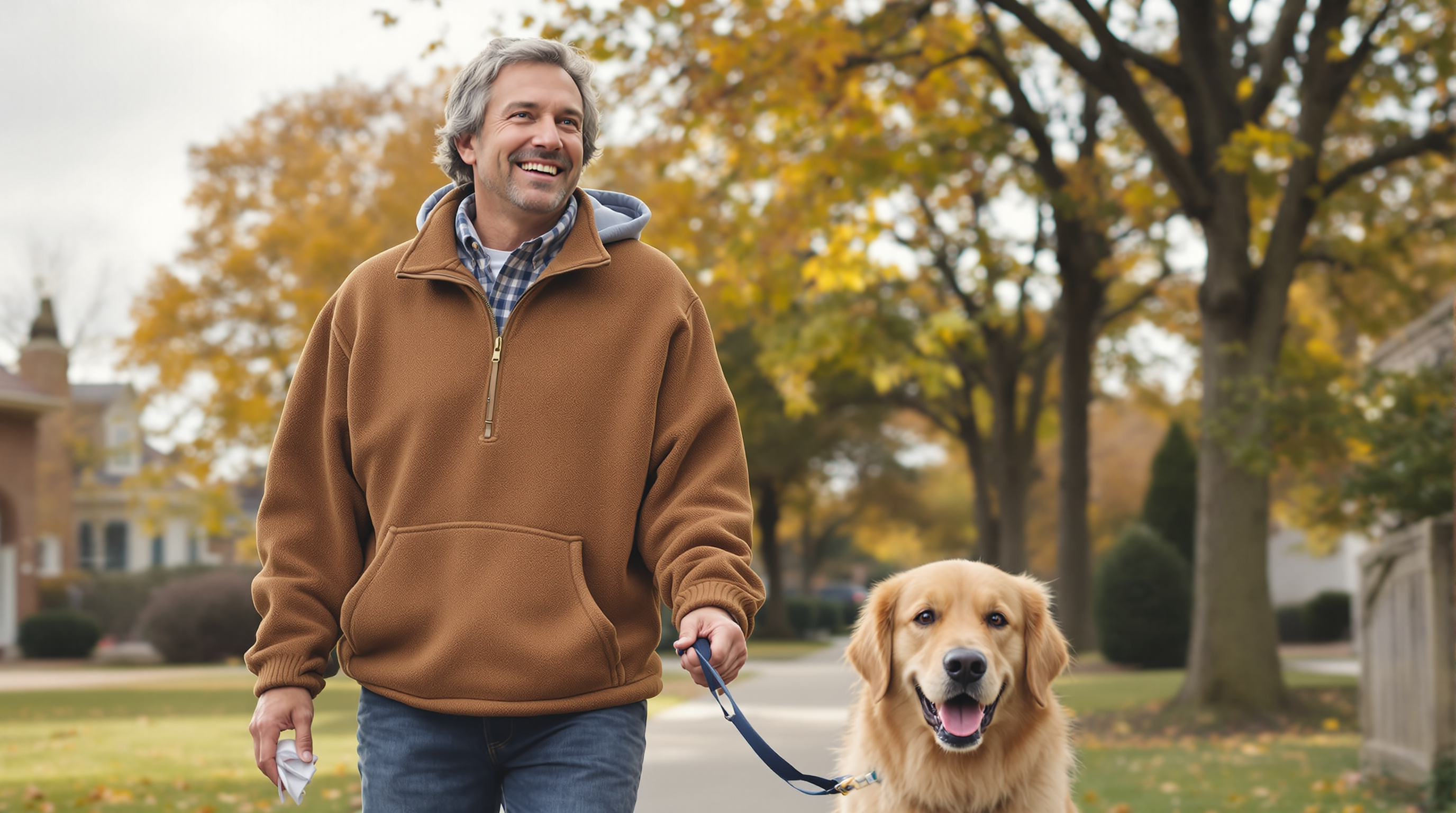 An owner walking a leashed dog in a neighborhood