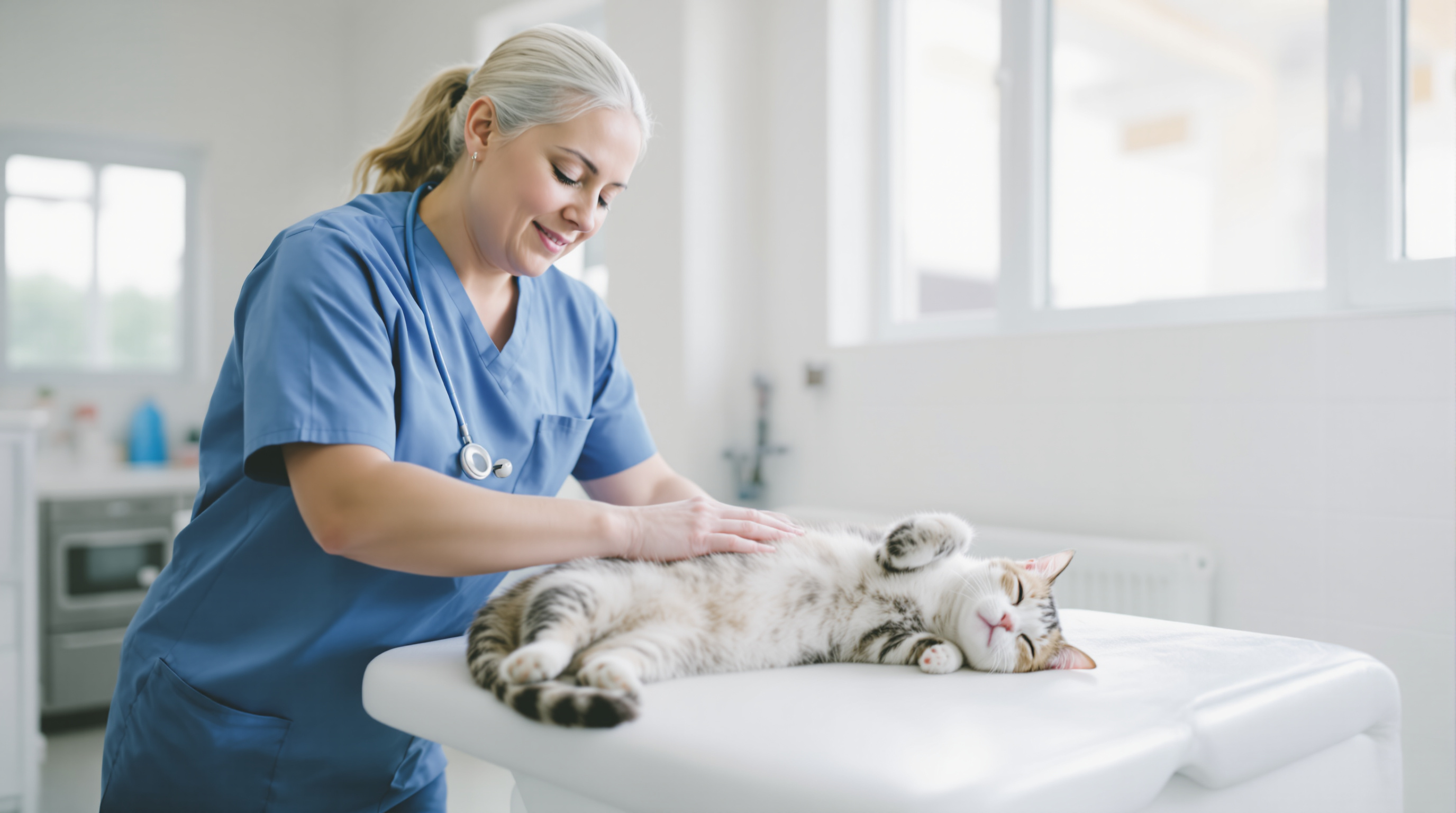 A veterinarian examining a calm cat