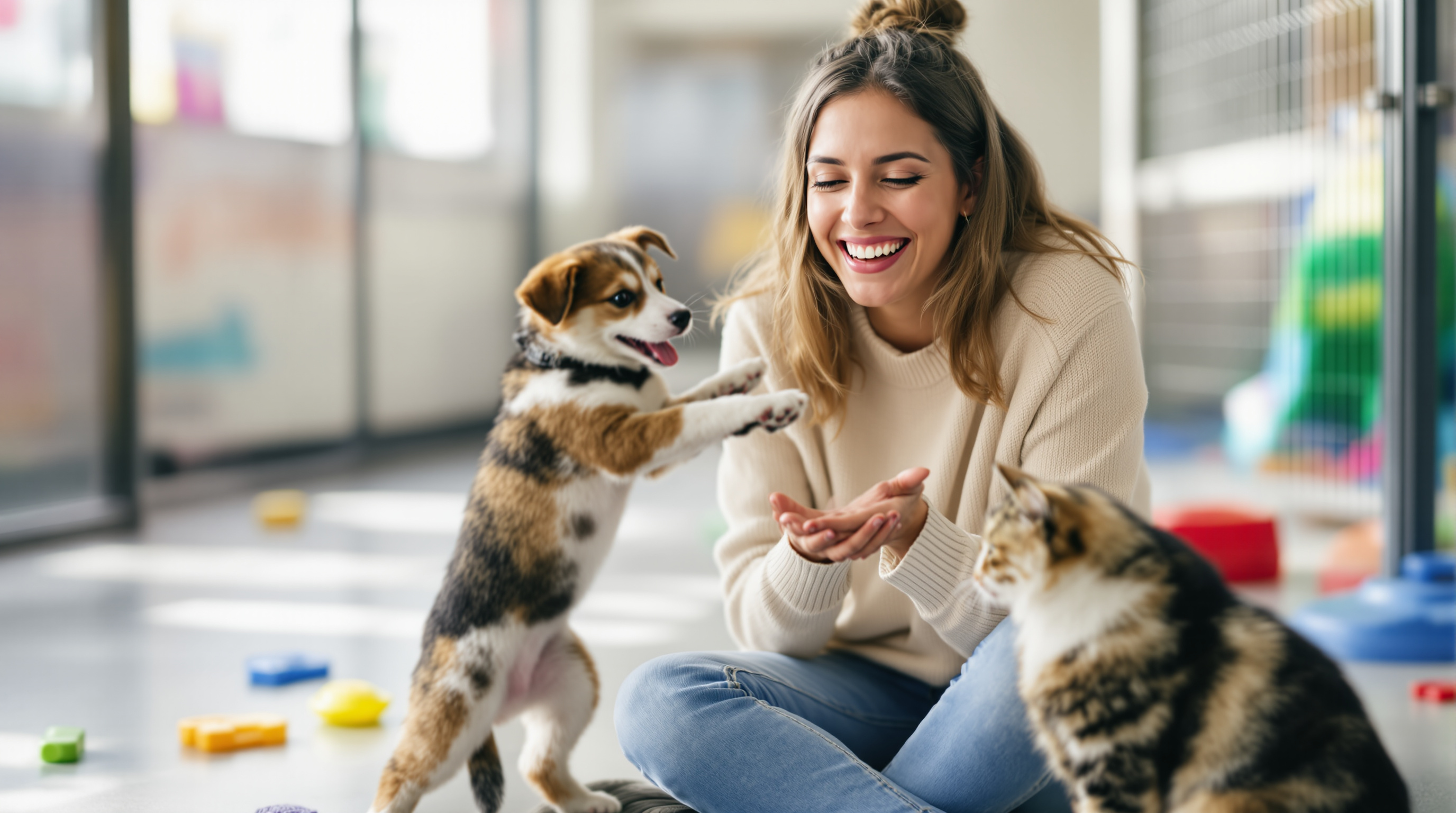 A volunteer socializing shelter animals